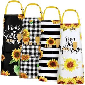 geetery 4 pcs waterproof sunflower aprons for women kitchen cooking cute flower striped adjustable long ties bib apron with pockets for men chef adult gardening bbq home baking gifts
