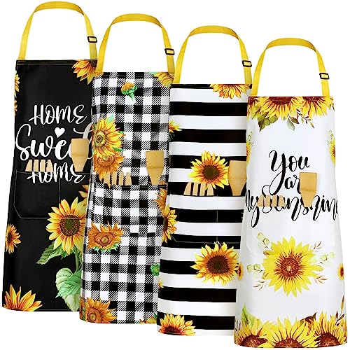 Geetery 4 Pcs Waterproof Sunflower Aprons for Women Kitchen Cooking Cute Flower Striped Adjustable Long Ties Bib Apron with Pockets for Men Chef Adult Gardening BBQ Home Baking Gifts