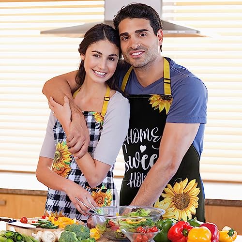 Geetery 4 Pcs Waterproof Sunflower Aprons for Women Kitchen Cooking Cute Flower Striped Adjustable Long Ties Bib Apron with Pockets for Men Chef Adult Gardening BBQ Home Baking Gifts