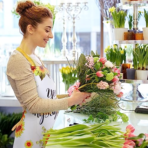 Geetery 4 Pcs Waterproof Sunflower Aprons for Women Kitchen Cooking Cute Flower Striped Adjustable Long Ties Bib Apron with Pockets for Men Chef Adult Gardening BBQ Home Baking Gifts