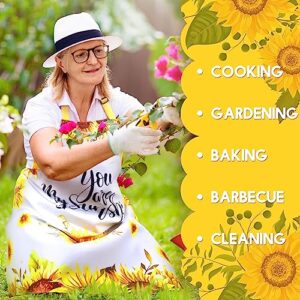 Geetery 4 Pcs Waterproof Sunflower Aprons for Women Kitchen Cooking Cute Flower Striped Adjustable Long Ties Bib Apron with Pockets for Men Chef Adult Gardening BBQ Home Baking Gifts