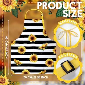 Geetery 4 Pcs Waterproof Sunflower Aprons for Women Kitchen Cooking Cute Flower Striped Adjustable Long Ties Bib Apron with Pockets for Men Chef Adult Gardening BBQ Home Baking Gifts