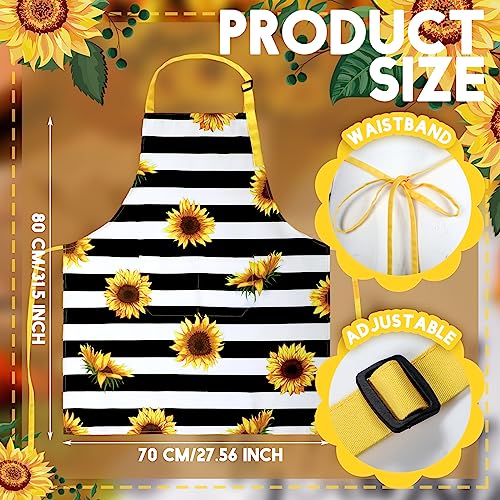 Geetery 4 Pcs Waterproof Sunflower Aprons for Women Kitchen Cooking Cute Flower Striped Adjustable Long Ties Bib Apron with Pockets for Men Chef Adult Gardening BBQ Home Baking Gifts