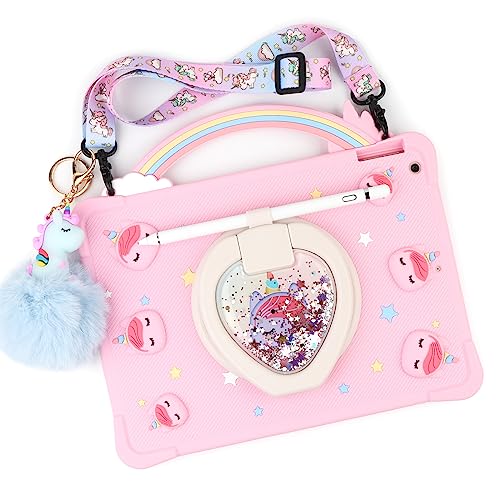 [Super Cute Rainbow Handle Unicorn Case] Pop it Case iPad Mini 6th Generation 2021 (8.3 Inch) Cover for Kids Girls with Hand Strap and 360° Rotating Stand - Pink