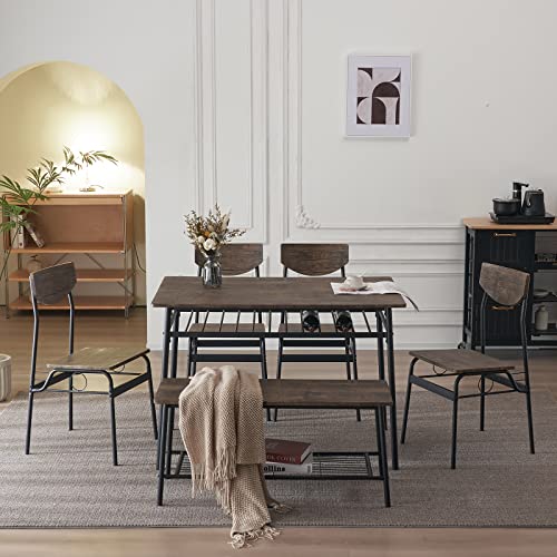 Rectangular Dining Table & Chair Set of 6 w/ Storage Space, Dining Room Set w/ 1 Table, 1 Bench & 4 Chairs for 6, Table Set w/ MDF Tabletop & Iron Frame, for Dining Room, Bistro, Home Bar, Kitchen