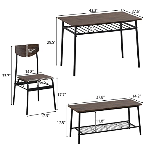 Rectangular Dining Table & Chair Set of 6 w/ Storage Space, Dining Room Set w/ 1 Table, 1 Bench & 4 Chairs for 6, Table Set w/ MDF Tabletop & Iron Frame, for Dining Room, Bistro, Home Bar, Kitchen