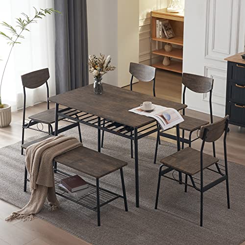 Rectangular Dining Table & Chair Set of 6 w/ Storage Space, Dining Room Set w/ 1 Table, 1 Bench & 4 Chairs for 6, Table Set w/ MDF Tabletop & Iron Frame, for Dining Room, Bistro, Home Bar, Kitchen