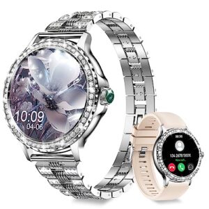 smart watch(answer/make call) for women with diamonds, 1.3”smartwatch for iphone android compatible, ip68 waterproof 100+sports modes fitness watches with heart rate/spo2/sleep monitor/blood(sliver)