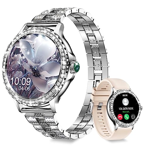 Smart Watch(Answer/Make Call) for Women with Diamonds, 1.3”Smartwatch for iPhone Android Compatible, IP68 Waterproof 100+Sports Modes Fitness Watches with Heart Rate/SpO2/Sleep Monitor/Blood(Sliver)