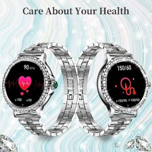 Smart Watch(Answer/Make Call) for Women with Diamonds, 1.3”Smartwatch for iPhone Android Compatible, IP68 Waterproof 100+Sports Modes Fitness Watches with Heart Rate/SpO2/Sleep Monitor/Blood(Sliver)