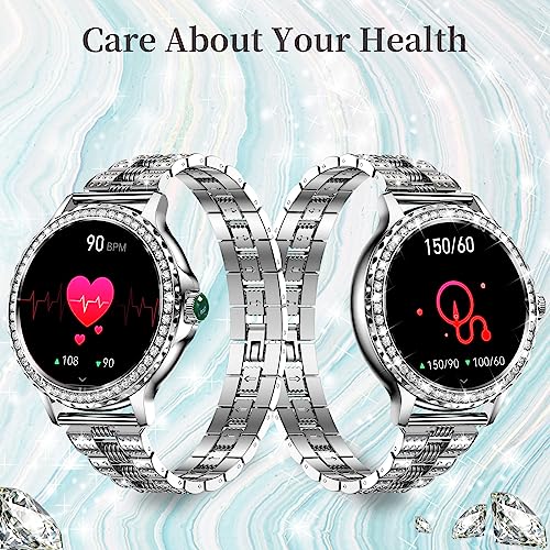 Smart Watch(Answer/Make Call) for Women with Diamonds, 1.3”Smartwatch for iPhone Android Compatible, IP68 Waterproof 100+Sports Modes Fitness Watches with Heart Rate/SpO2/Sleep Monitor/Blood(Sliver)