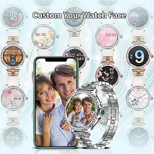 Smart Watch(Answer/Make Call) for Women with Diamonds, 1.3”Smartwatch for iPhone Android Compatible, IP68 Waterproof 100+Sports Modes Fitness Watches with Heart Rate/SpO2/Sleep Monitor/Blood(Sliver)