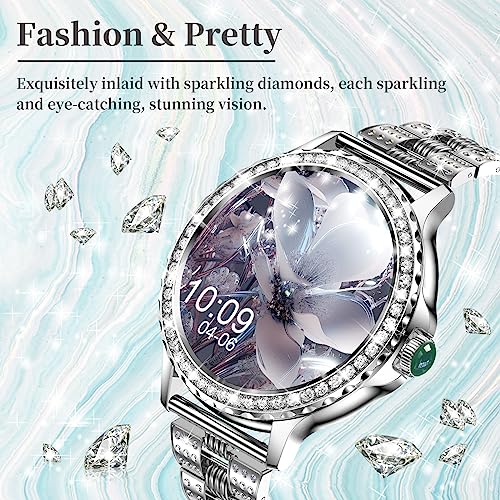 Smart Watch(Answer/Make Call) for Women with Diamonds, 1.3”Smartwatch for iPhone Android Compatible, IP68 Waterproof 100+Sports Modes Fitness Watches with Heart Rate/SpO2/Sleep Monitor/Blood(Sliver)