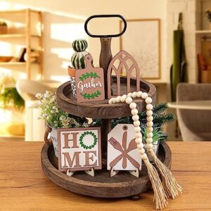 9 pcs home family tiered tray decor set for all seasons-rustic wooden tiered tray sign decorative for home kitchen table shelf bar