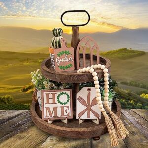 9 PCS Home Family Tiered Tray Decor Set for All Seasons-Rustic Wooden Tiered Tray Sign Decorative for Home Kitchen Table Shelf Bar