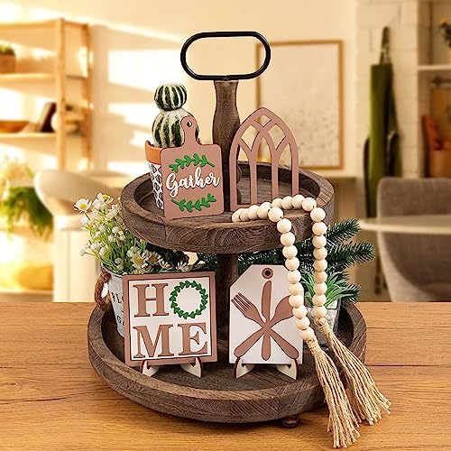 9 PCS Home Family Tiered Tray Decor Set for All Seasons-Rustic Wooden Tiered Tray Sign Decorative for Home Kitchen Table Shelf Bar