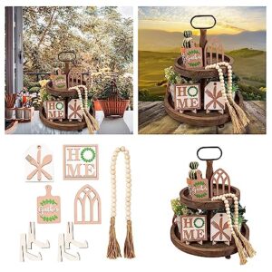 9 PCS Home Family Tiered Tray Decor Set for All Seasons-Rustic Wooden Tiered Tray Sign Decorative for Home Kitchen Table Shelf Bar