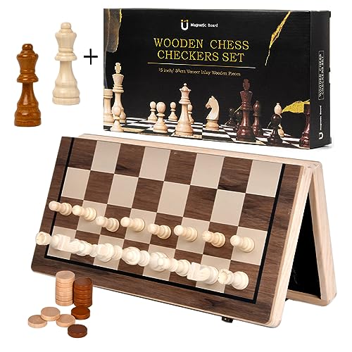 JOYOUSLIFE Magnetic Wooden Chess & Checkers Set, 15'' Folding Chess Boards with 2 Extra Queens and Carry Bag, 2 in 1 Portable Travel Chess Board Game for Adults Kids Tournament Professional Beginner