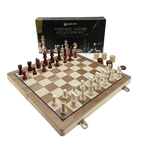 JOYOUSLIFE Magnetic Wooden Chess & Checkers Set, 15'' Folding Chess Boards with 2 Extra Queens and Carry Bag, 2 in 1 Portable Travel Chess Board Game for Adults Kids Tournament Professional Beginner