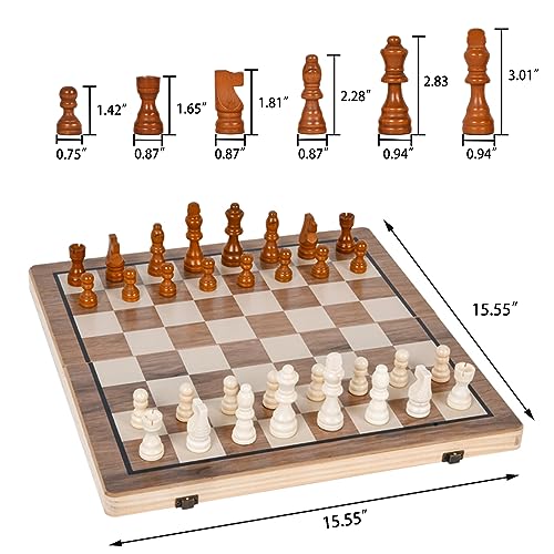 JOYOUSLIFE Magnetic Wooden Chess & Checkers Set, 15'' Folding Chess Boards with 2 Extra Queens and Carry Bag, 2 in 1 Portable Travel Chess Board Game for Adults Kids Tournament Professional Beginner
