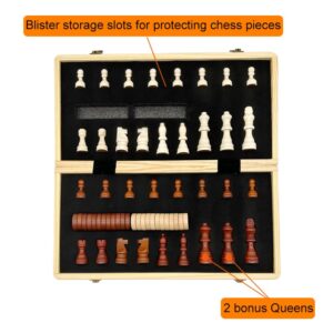 JOYOUSLIFE Magnetic Wooden Chess & Checkers Set, 15'' Folding Chess Boards with 2 Extra Queens and Carry Bag, 2 in 1 Portable Travel Chess Board Game for Adults Kids Tournament Professional Beginner