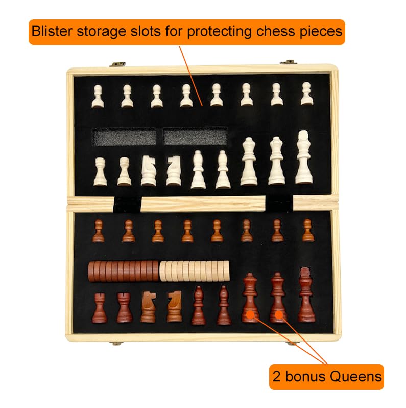 JOYOUSLIFE Magnetic Wooden Chess & Checkers Set, 15'' Folding Chess Boards with 2 Extra Queens and Carry Bag, 2 in 1 Portable Travel Chess Board Game for Adults Kids Tournament Professional Beginner