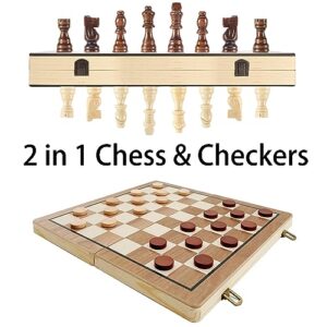 JOYOUSLIFE Magnetic Wooden Chess & Checkers Set, 15'' Folding Chess Boards with 2 Extra Queens and Carry Bag, 2 in 1 Portable Travel Chess Board Game for Adults Kids Tournament Professional Beginner