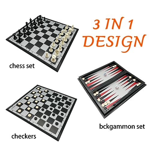 JOYOUSLIFE 3 in 1 Magnetic Chess Checkers Backgammon Set, 10.63” Mini Travel Chess Set with Folding Chess Board, Portable Broad Game for Adults and Family