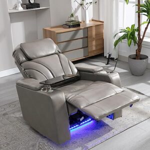 p purlove power motion recliner chair for home, pu electric recliner with swivel tray table usb charging port and hidden arm storage, home theater seating with cup holder design, gray