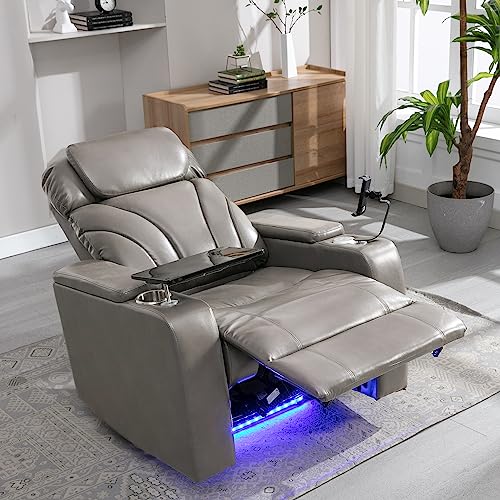 P PURLOVE Power Motion Recliner Chair for Home, PU Electric Recliner with Swivel Tray Table USB Charging Port and Hidden Arm Storage, Home Theater Seating with Cup Holder Design, Gray