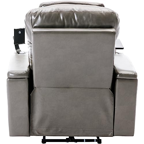 P PURLOVE Power Motion Recliner Chair for Home, PU Electric Recliner with Swivel Tray Table USB Charging Port and Hidden Arm Storage, Home Theater Seating with Cup Holder Design, Gray