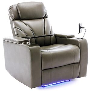 P PURLOVE Power Motion Recliner Chair for Home, PU Electric Recliner with Swivel Tray Table USB Charging Port and Hidden Arm Storage, Home Theater Seating with Cup Holder Design, Gray
