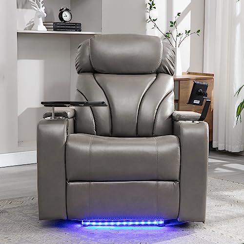 P PURLOVE Power Motion Recliner Chair for Home, PU Electric Recliner with Swivel Tray Table USB Charging Port and Hidden Arm Storage, Home Theater Seating with Cup Holder Design, Gray