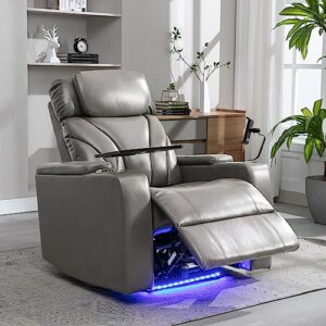 P PURLOVE Power Motion Recliner Chair for Home, PU Electric Recliner with Swivel Tray Table USB Charging Port and Hidden Arm Storage, Home Theater Seating with Cup Holder Design, Gray