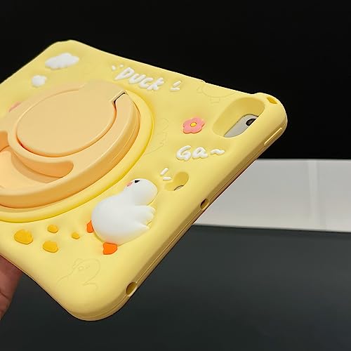 Premium Cute Soft Silicone Yellow Duck Kawaii Pattern Tablet Case with Built-in Foldable Kickstand and Lanyard Shockproof Cover Case for iPad Air 4 2020 10.9"