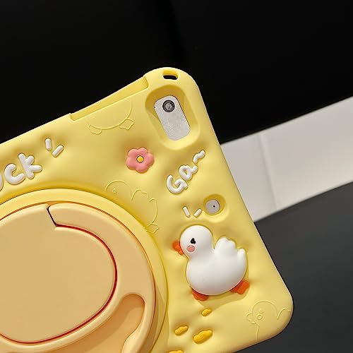 Premium Cute Soft Silicone Yellow Duck Kawaii Pattern Tablet Case with Built-in Foldable Kickstand and Lanyard Shockproof Cover Case for iPad Air 4 2020 10.9"