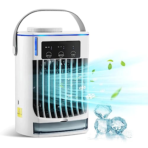 Quiet Mini Ac - 500ml Quiet Mini Air Conditioner, Aire Acondicionado Portatil para Cuarto with Blue Atmosphere Light, 3 Mist Modes | Mini Air Conditioner Fan for Room/Office/Camping/Table Car