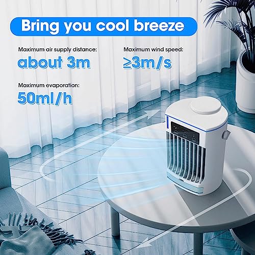 Quiet Mini Ac - 500ml Quiet Mini Air Conditioner, Aire Acondicionado Portatil para Cuarto with Blue Atmosphere Light, 3 Mist Modes | Mini Air Conditioner Fan for Room/Office/Camping/Table Car