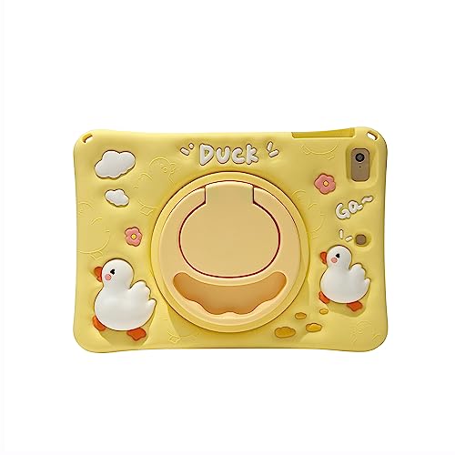 Premium Cute Soft Silicone Yellow Duck Kawaii Pattern Tablet Case with Built-in Foldable Kickstand and Lanyard Shockproof Cover Case for iPad Air 2/ iPad 6/Pro 9.7"