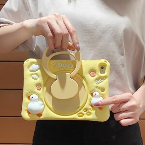 Premium Cute Soft Silicone Yellow Duck Kawaii Pattern Tablet Case with Built-in Foldable Kickstand and Lanyard Shockproof Cover Case for iPad Air 2/ iPad 6/Pro 9.7"