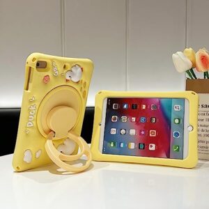 Premium Cute Soft Silicone Yellow Duck Kawaii Pattern Tablet Case with Built-in Foldable Kickstand and Lanyard Shockproof Cover Case for iPad Air 2/ iPad 6/Pro 9.7"