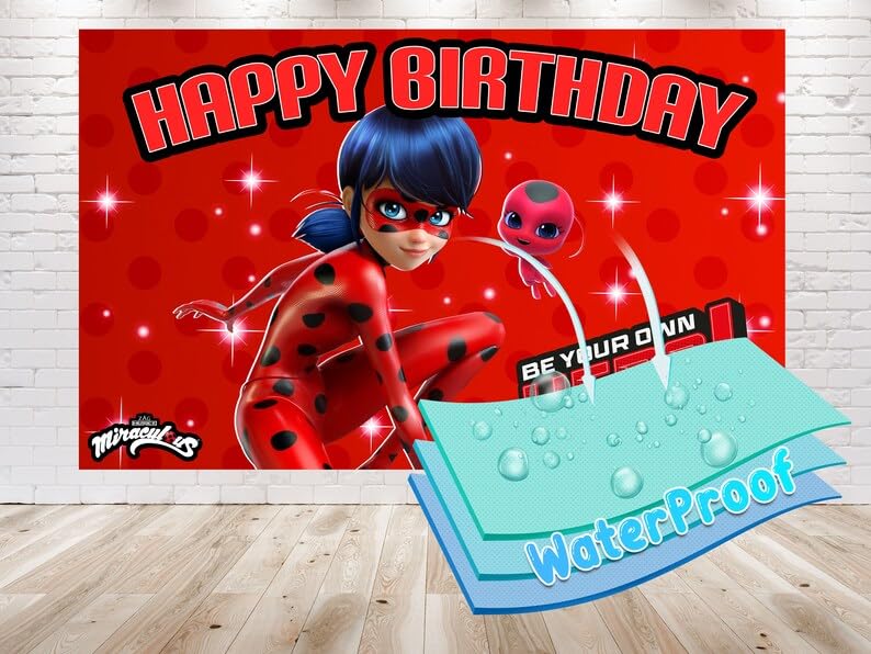 5x3 FT Miraculous Ladybug Backdrop V3 for Birthday Party Decorations. Cartoon Miraculous Ladybug Background for Theme Birthday.