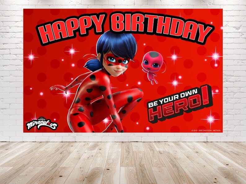 5x3 FT Miraculous Ladybug Backdrop V3 for Birthday Party Decorations. Cartoon Miraculous Ladybug Background for Theme Birthday.