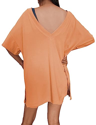 Aisongyuan Womens Workout Reversible Oversized V-Neck T-Shirt Summer Short Sleeve Casual Tunic Tops(Orange,XXL)