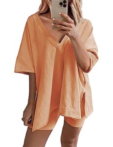 aisongyuan womens workout reversible oversized v-neck t-shirt summer short sleeve casual tunic tops(orange,xxl)