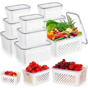 Mumufy 9 Pack Fruit Vegetable Storage Containers for Refrigerator Produce Saver Storage Container with Lid and Colander Fresh Plastic Keeper Containers for Lettuce Berry Food Storage Organization Set