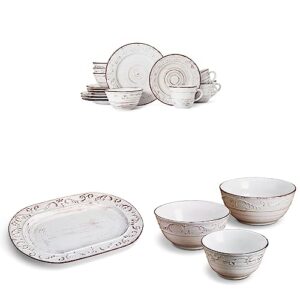 pfaltzgraff trellis white 16-piece dinnerware set, service for 4, distressed white & pfaltzgraff trellis serving platter, 13.75 inch, white & pfaltzgraff trellis serving bowls, set of 3, white