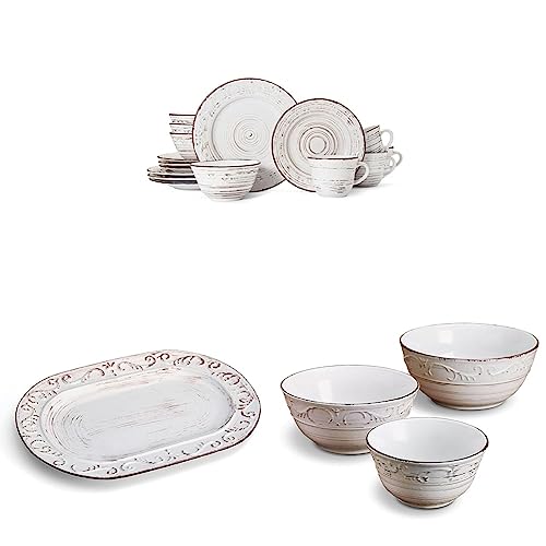 Pfaltzgraff Trellis White 16-Piece Dinnerware Set, Service for 4, Distressed White & Pfaltzgraff Trellis Serving Platter, 13.75 inch, White & Pfaltzgraff Trellis Serving Bowls, Set of 3, White