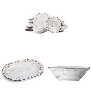 pfaltzgraff trellis white 16-piece dinnerware set, service for 4, distressed white & pfaltzgraff trellis serving platter, 13.75 inch, white & pfaltzgraff trellis, serve bowl, 9", white