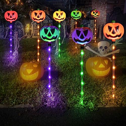 Upgraded 6-Pack Solar Halloween Pumpkin Garden Stake Lights for Halloween Decorations,Solar Halloween Yard Stake Outdoor Waterproof Halloween Lighted Pumpkin Lights for Garden Patio Yard Pathway Grave